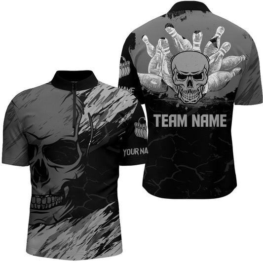 Schwarzes Herren Bowling-Shirt mit Totenkopf-Motiv, individuell anpassbares 1/4 Zip Bowling-Team-Trikot - Outfitsuche