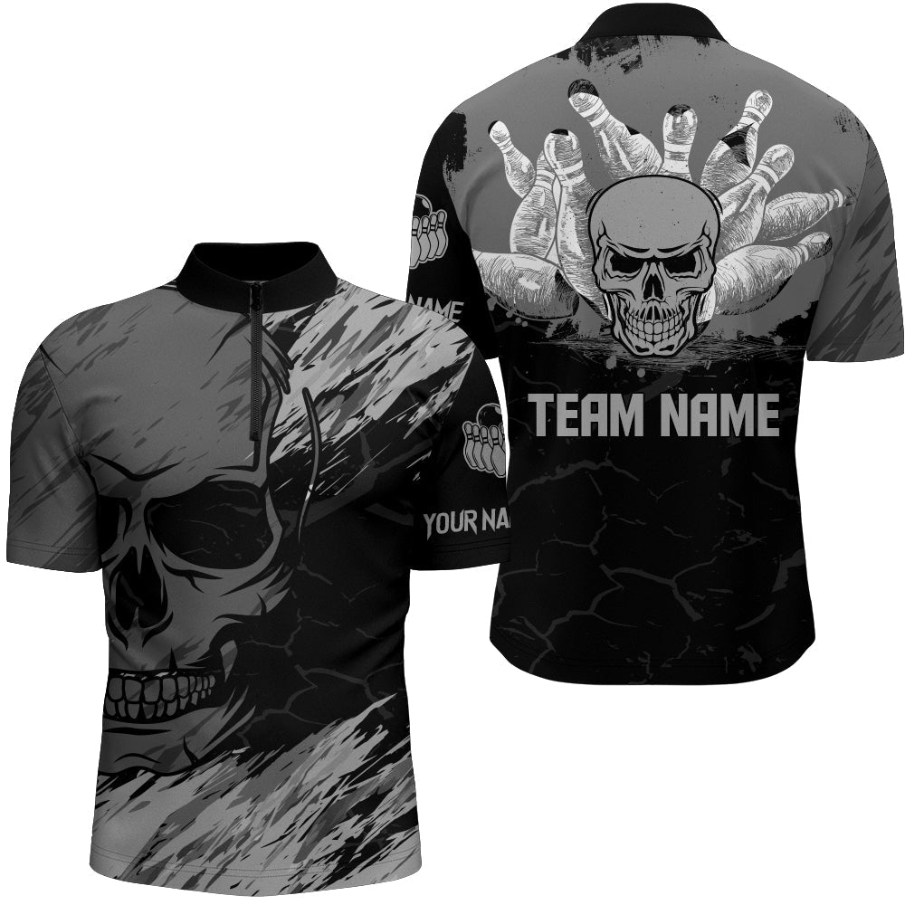 Schwarzes Herren Bowling-Shirt mit Totenkopf-Motiv, individuell anpassbares 1/4 Zip Bowling-Team-Trikot - Outfitsuche