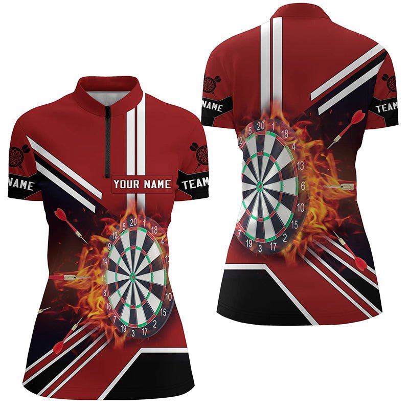 Schwarzes rotes Flammen Dartboard 1/4 Zip Shirt, individuell anpassbares Feuer-Darts-Shirt für Frauen, Dart-Trikot F843 - Outfitsuche