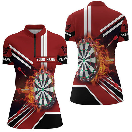 Schwarzes rotes Flammen Dartboard 1/4 Zip Shirt, individuell anpassbares Feuer-Darts-Shirt für Frauen, Dart-Trikot F843 - Outfitsuche