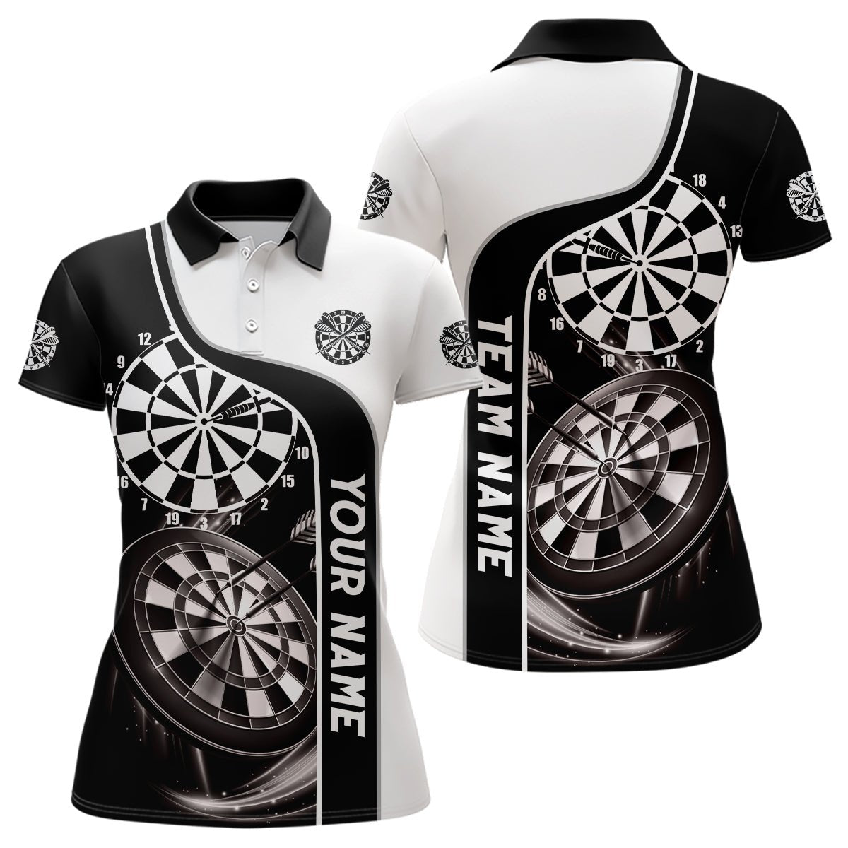 Schwarzes und weißes Darts Polo Shirt mit individuellem Namen, maßgeschneiderte Darts Shirts für Frauen, Dart Trikot Y23 - Outfitsuche