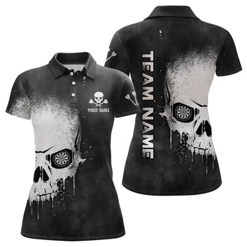 Schwarzes und weißes Darts Polo Shirt mit Rauch-Schädel-Motiv, individuell anpassbares Dart-Shirt für Frauen, gruselige Dart Trikots Y858 - Outfitsuche