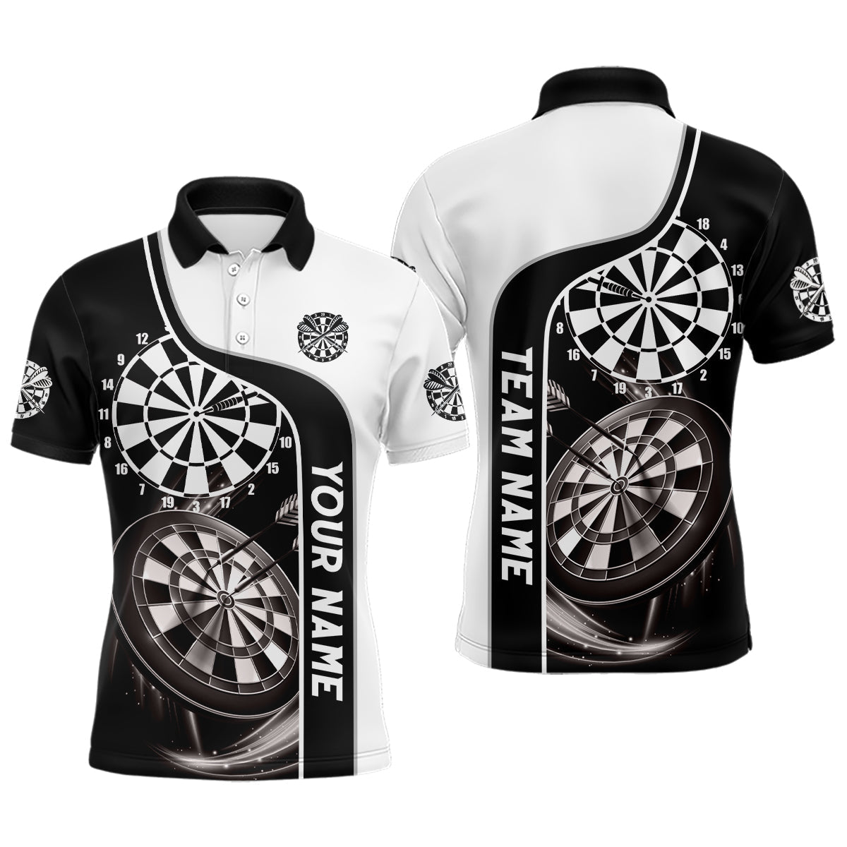 Schwarzes und weißes Herren Darts Polo Shirt mit individuellem Namen, maßgeschneiderte Darts Shirts für Männer, Dart Trikot V470 - Outfitsuche