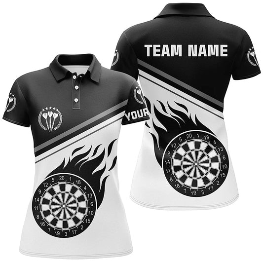 Schwarzes Weißes Flammen Dart Polo Shirt mit Namen, individuell anpassbares Dart-Shirt für Frauen, Dart-Trikot - Outfitsuche