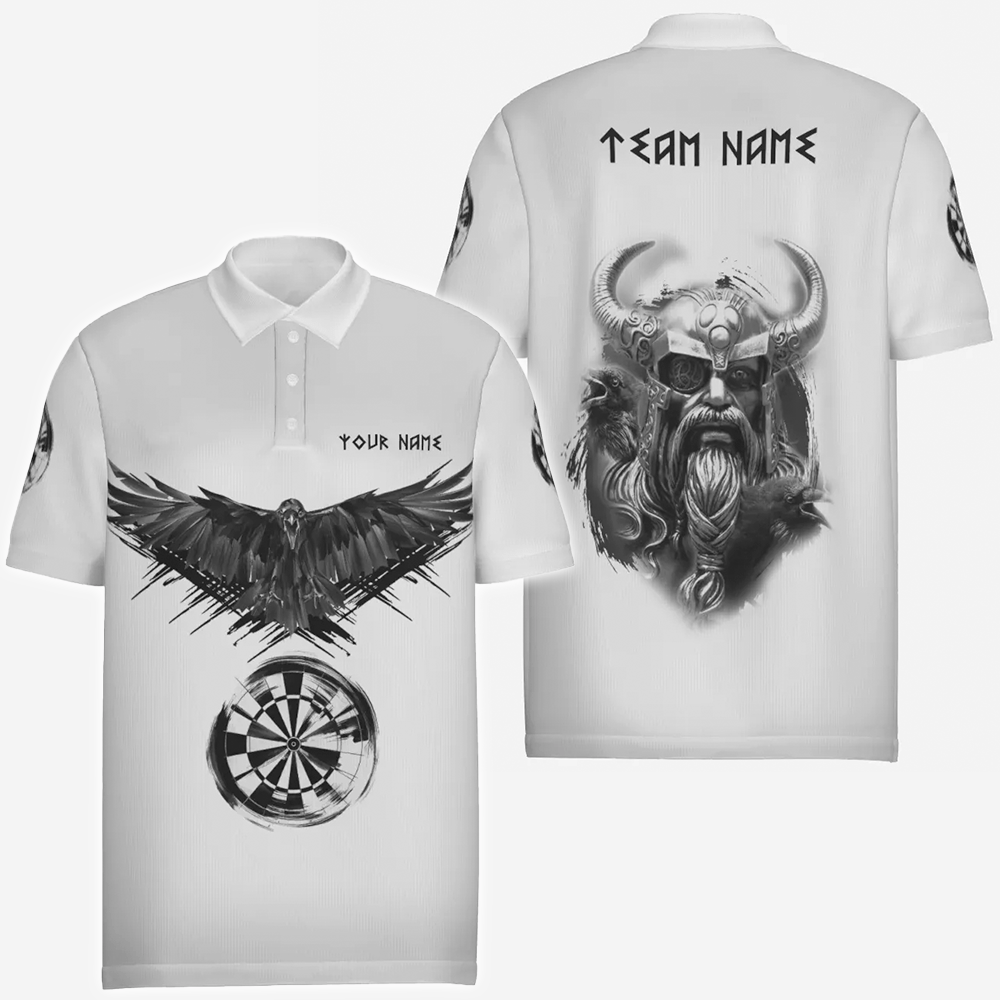 Weißes Dart-Polo-Shirt "Odins Wächter", personalisierbares Trikot mit Raben- und Wikingerhelm-Design, Herren Dartshirt vk2806 - Outfitsuche