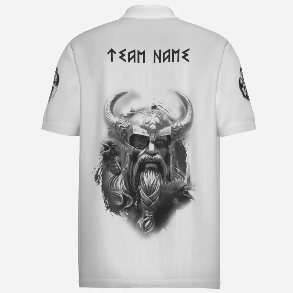 Weißes Dart-Polo-Shirt "Odins Wächter", personalisierbares Trikot mit Raben- und Wikingerhelm-Design, Herren Dartshirt vk2806 - Outfitsuche